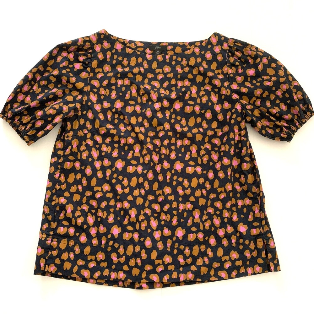 J Crew Snow Leopard Animal Print Cotton Puff Sleeve Top Navy Pink XS 0 2 4 - Picture 3 of 6